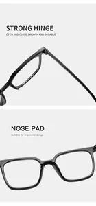 Detailed close-up showing the durable hinge and ergonomic nose pad on black eyeglass frames