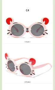 Détail des lunettes de soleil roses pour enfants motif tigre vues de face et de profil
