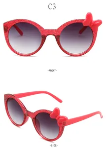 Comprehensive front and side detail views of stylish red glitter kids bow sunglasses