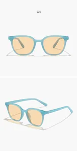 Detailed view of stylish light blue square sunglasses with amber lenses from two angles.