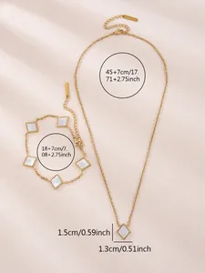Detailed measurements of geometric square white shell necklace and bracelet jewelry set.