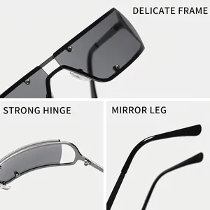 Futuristische Y2K zonnebril met zilveren metalen frame en donkere glazen van hoge kwaliteit