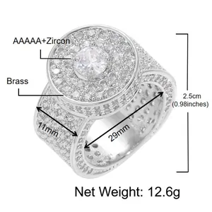 Détails d'une bague ronde hip-hop pour hommes avec zircons AAAAA et dimensions en laiton
