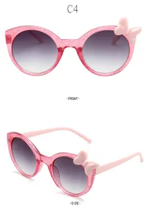 Detailed front and side views of pink glitter round sunglasses for kids with bow