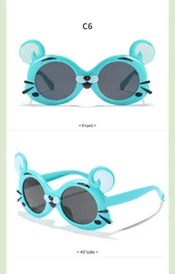 Vues détaillées de face et de côté de lunettes de soleil enfant bleues forme tigre
