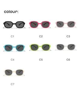 Showcase of seven color variants for kids foldable square sunglasses.
