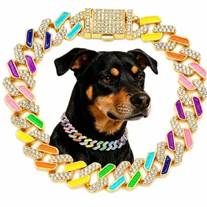 Detailed view of a hip-hop style colorful rhinestone Cuban link pet collar on a dog.