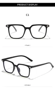 Close-up showing front and 45-degree side views of black square anti-blue light glasses