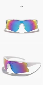 Vistas detalladas frontal y lateral de gafas de sol deportivas blancas con lentes irisadas