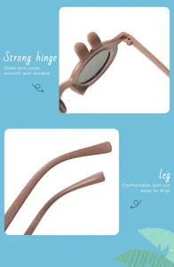 Detailansicht der Scharniere und flexiblen Bügel dieser Kinder-Sonnenbrille in Hasenform.