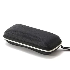 Black hexagonal pattern hard shell glasses case with durable white zipper closure