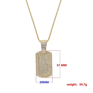 Detailed view of full rhinestone dog tag pendant with 51mm height and 20mm width.