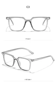 Front and side views of transparent grey large square blue light blocking glasses