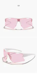 Gafas de sol deportivas blancas sin montura con lentes rosas en vistas frontal y lateral
