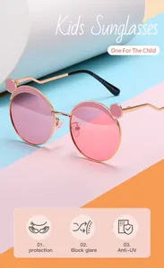 Pink kids sunglasses featuring cute bear ear metal frames and UV protection detail