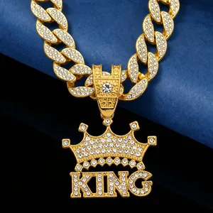 Hip Hop Crown KING Pendant Necklace For Men Zinc Alloy Iced Out Pave Rhinestone Cuban Tennis Twist Chain Street Jewelry
