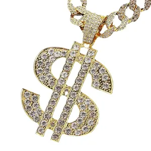 Iced out dollar sign pendant necklace with gold cuban chain hip hop jewelry for men