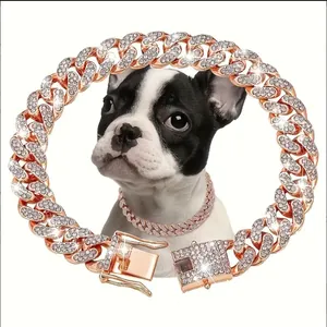 Rose gold 13mm Cuban link pet collar with shiny rhinestones shown on a French Bulldog head