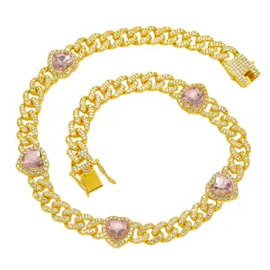 Luxury 10mm iced out gold Cuban link pet collar with pink heart stones for dogs and cats