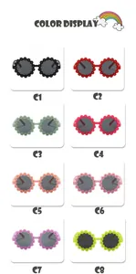 Collection de huit lunettes de soleil colorées en forme de fleur pour enfants avec codes.