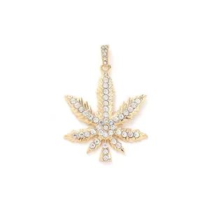 Iced out gold plated rhinestone maple leaf pendant necklace hip hop fashion jewelry