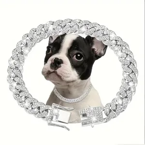 Detail view of a 13mm iced-out Cuban link pet collar with sparkling rhinestones