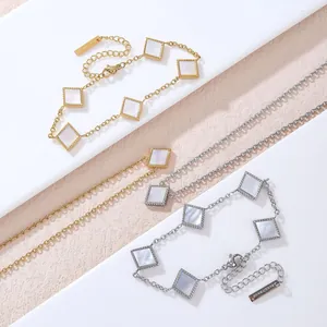 Geometric square white shell necklace and bracelet set in stainless steel