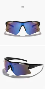 Vistas detalladas de gafas de sol deportivas sin montura con lentes de protección UV.