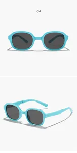 Light blue foldable square frame sunglasses for children with dark lenses detail view