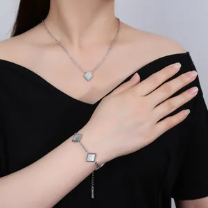 Elegant geometric square white shell pendant necklace and bracelet jewelry set for women