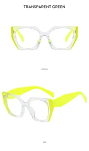 Viste frontale e laterale di occhiali anti-luce blu oversize bicolore con aste neon