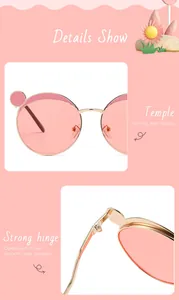 Close-up of durable metal hinge and sturdy temples on pink children sunglasses