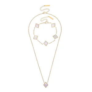 Geometric square white shell pendant necklace and bracelet set in gold titanium steel