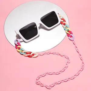 Trendy candy color acrylic chunky chain sunglasses strap with white square frames on pink
