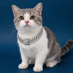 Hip Hop Pet Collar Cuban Link Chain Rhombus Iced Out Full Rhinestone Zinc Alloy Pet Necklace For Cats Dogs Gold Silver Jewelry