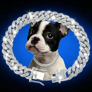 Hip Hop Alloy Iced Out Rhinestone Pet Collar Wide Cuban Link Chain Necklace For Large Medium Small Dogs Cats Jewelry