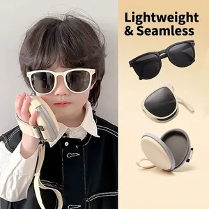 Kids Foldable Sunglasses Square Frame UV400 Protection Portable Summer Fashion Shades For Boys And Girls With Storage Case
