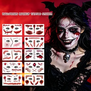 Halloween Temporary Scar Tattoo Stickers For Face Makeup Waterproof Bloody Scratches Stitches Spiders Stickers For Cosplay Party