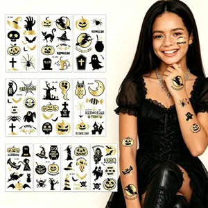 Metallic Gold Black Halloween Temporary Tattoo Stickers Waterproof Pumpkin Skull Witch Bat Face Body Art For Party Favor