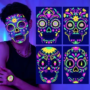 Halloween Fluorescente Tatuaggi Temporanei per il Viso Adesivi Neon Teschio Design per Giorno Dei Morti Festa Decorazione