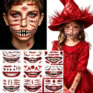 Halloween Scary Glow In The Dark Tattoo Stickers Waterproof Realistic Wound Scar Stitched Mouth Temporary Face Tattoos For Party