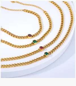 18k gold plated titanium steel Cuban link necklaces with red and green zircon details