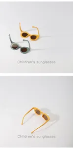 Detailansicht runder Kinder-Sonnenbrillen in Macaron-Farben auf weißem Grund.