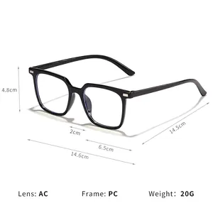 Classic black square frame anti-blue light glasses with detailed size measurements displayed