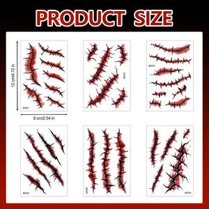 Size dimensions and details for 6 sheets of Halloween horror scar tattoo stickers