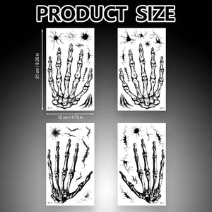 Detailed product size specification for Halloween skeleton hand tattoo stickers, 21x12cm.