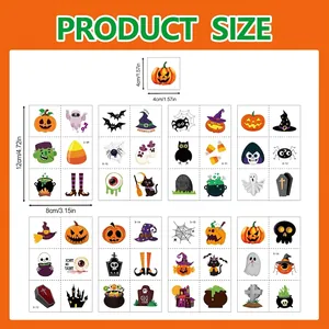 Detailed size chart for Halloween cartoon tattoo stickers with various spooky designs