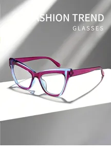 Close-up of stylish cat-eye blue light blocking glasses with purple-blue frame detail