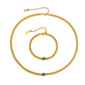 Hip Hop Cuban Link Chain Necklace Bracelet Set Titanium Steel Electroplated 18K Gold Rhinestone Pendant Jewelry For Men Women