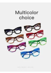 Close-up of stylish cat-eye blue light blocking frames in vibrant multiple colors